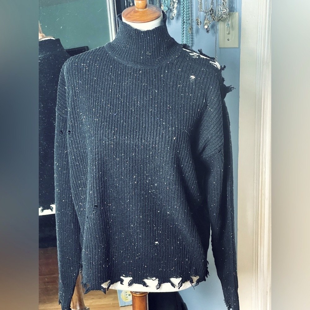 Zenana Turtle Neck Distressed Cold Shoulder Sweater